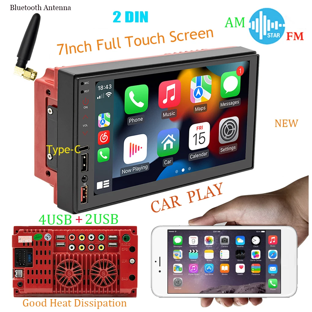 

Metal Auto MP5 Player Colorful Lighting Subwoofer USB Type-C Phone Connection Bluetooth-compatible 5 1 Resettable Radio