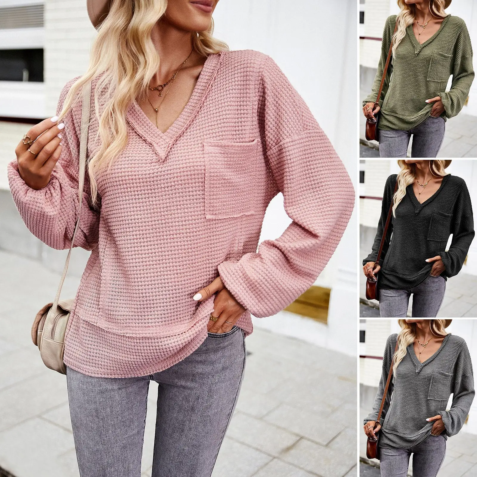 

European and American Solid Color Knitted Shirt Women's 2023 Autumn/Winter Independent Station V-neck Long Sleeve Top