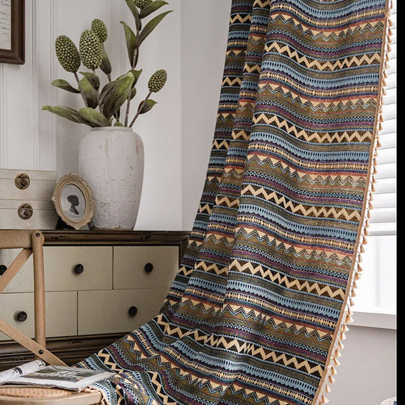 

Yaapeet Bohemian Cotton Linen Window Curtains Semi Blackout Farmhouse Style Darkening Drapes Rod Pocket Tassel for Living Room