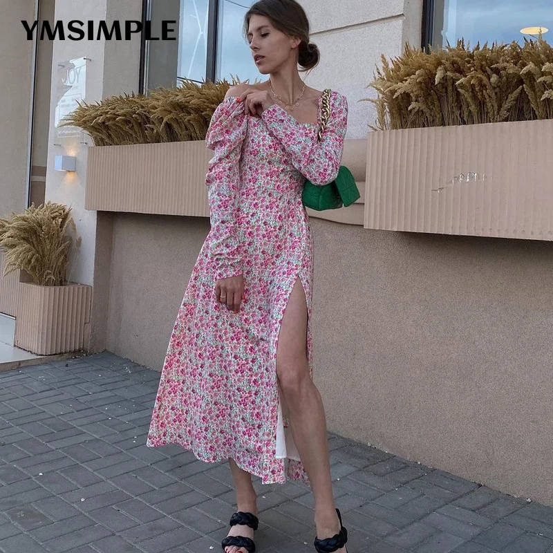 

Elegant 2022 Spring Long Sleeve Square Collar Split Midi Dress Streetwear Female Fashion Floral Printed High Waist Beach Dresses