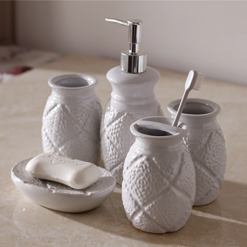 5Pcs White Bathroom Set Ceramic Liquid Soap Dispenser Toothbrush Holder Soap Dish Toothcup Washingroom Products