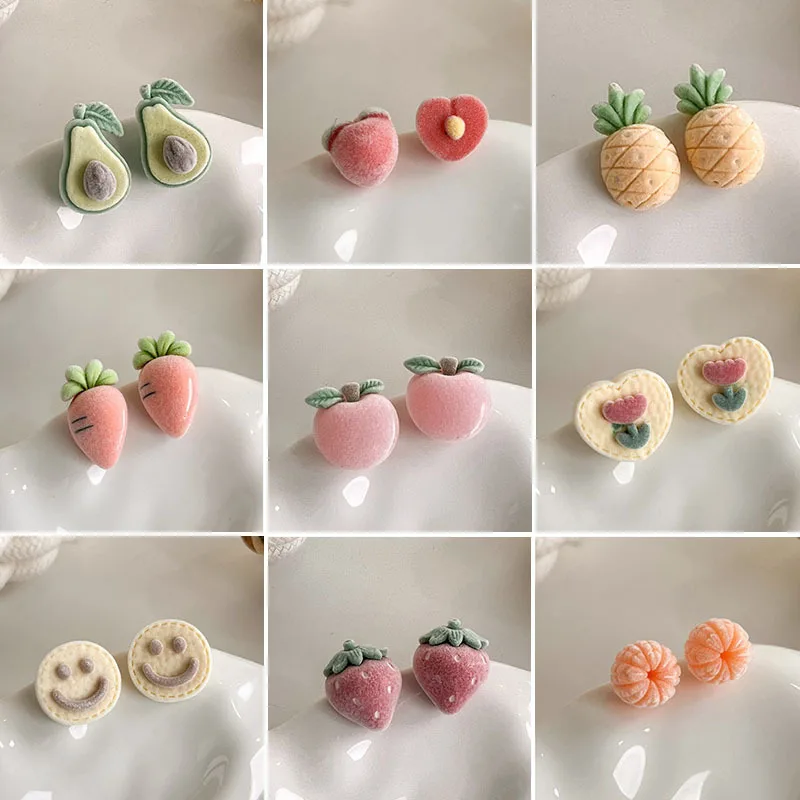 

Cute Flocked Fruit Earrings for Woman Jewelry Accessories Simple Korean Fashion Silver Stud Earring for Girls Jewelry Gift