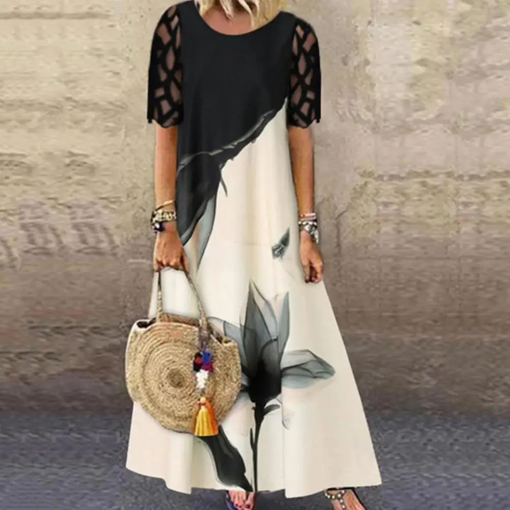 

O-Neck Lace Stitching Half Sleeve Maxi Dress Women Retro Ink Flower Print Large Hem Long Dress A-Line Ankle Length Holiday Dress
