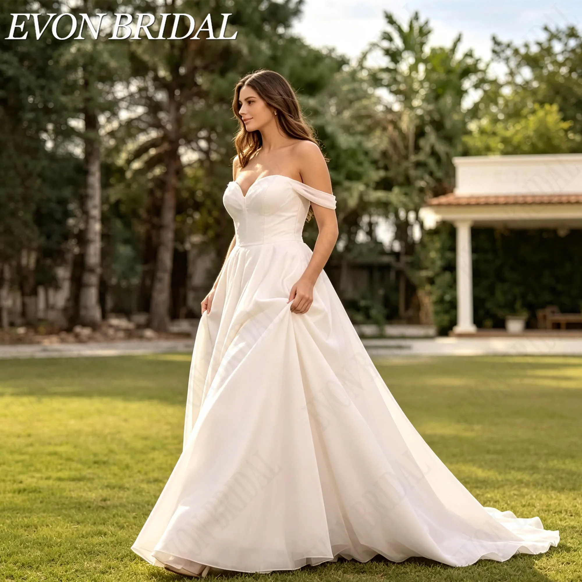 Фото EVON BRIDAL Платье невесты плюс размеры без плеч вырез сердце А-силуэт романтичное свадебное платье для женщин на заказ индивидуальный пошив мягкая ткань для свадебной церемонии выездной свадьбы торжества элегантное №1