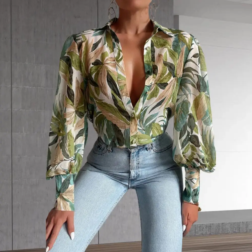 

Lantern Sleeve Floral Print Vintage Shirt Turn-Down Collar Single Breasted Wide Cuffs Women Shirt Ladies Clothing Tops Blouses