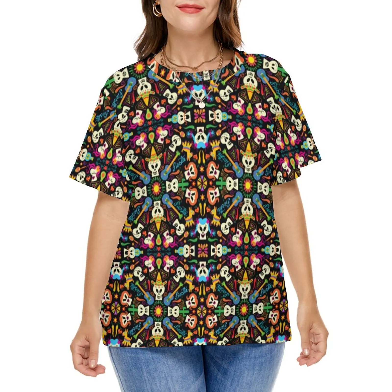 Mandala T-Shirt Mexican Skeletons Floral Print Kawaii T-Shirts Short-Sleeve Korean Fashion Tee Shirt Sexy Tees Plus Size 4XL 5XL