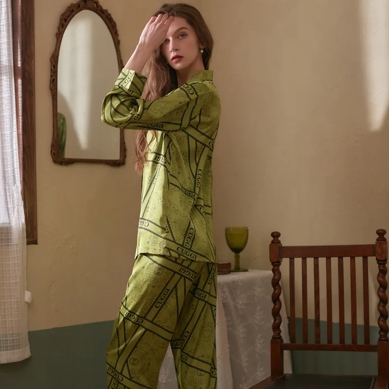 Roseheart Red Green Women's Sleep Nightwear Suits Pajama Sets Sleepwear Printed Suits Faux Silk Plus Size Nightgown 2 Pieces