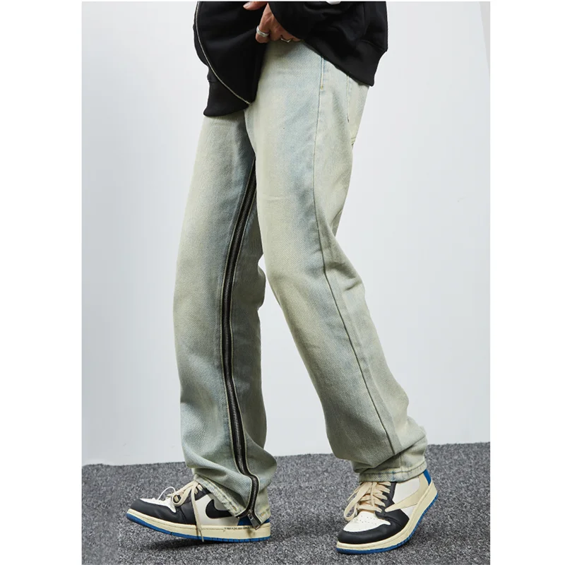 Men's Wear Fashion New Pattern Vintage Recreational Light Blue Jeans Loose Straight Cylinder Inside Zipper Trousers Autumn Women