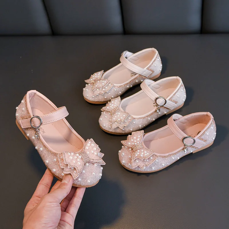

Child Shoes Bowtie Decor Mary Janes Causal Flats Anti-Slippery Princess Solid Color Little Baby Girls Glitter Shoes with Pearls