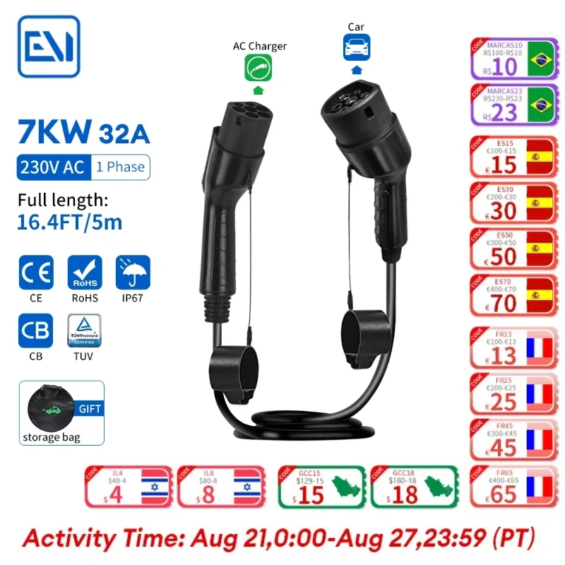 

EV Charger Cable Type2 Female Car to Male Plug Car Battery Charger Adapter 32A Charging Station 7KW For Car Charger Devices