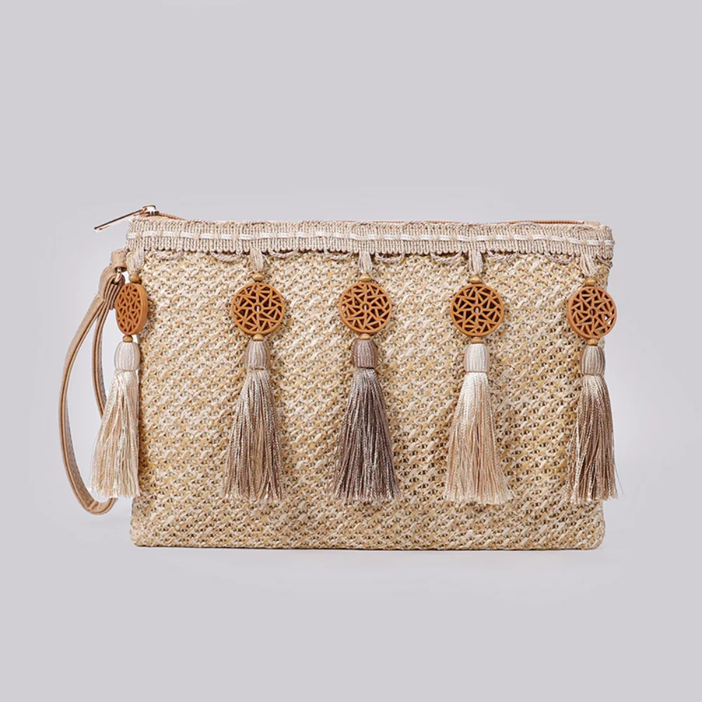 

Straw Woven Wristlet Clutch Bag Women Luxury Designer Tassels Boho Envelope Wallet Stylish Versatile Patchwork Ladies Coin Purse