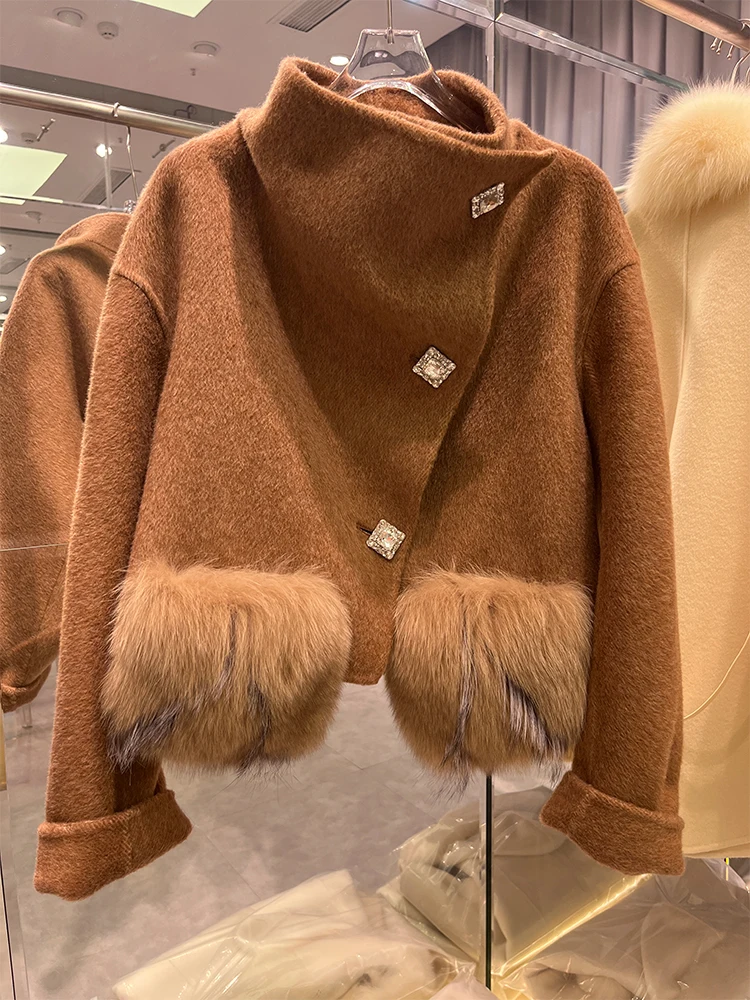 Женская кашемировая шерстяная куртка зимнее пальто из натурального меха лисы с