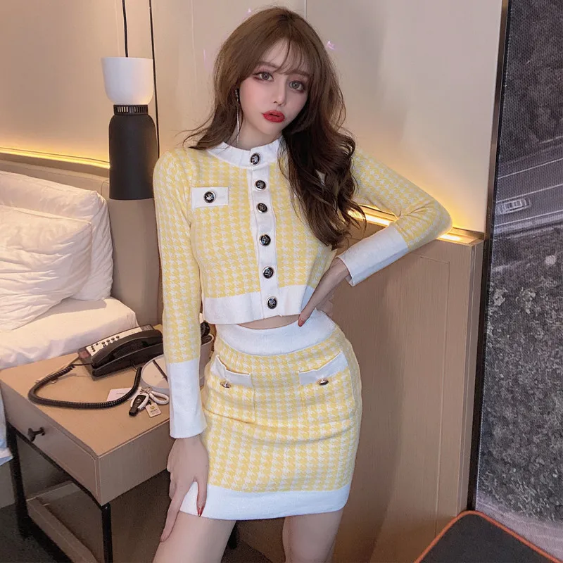 

New Spring Fall Fashion Yellow 2 Piece Skirt Sets BM Girl Style Long Sleeve Knitted Short Cardigan&Mini Skirt 2PC Dress Suits