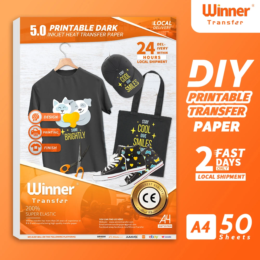 WinnerTransfer Heat Transfer Paper For Dark T Shirts Inkjet Printer Transfer Printing Paper Iron Paper for ClothingA4 50 Sheets