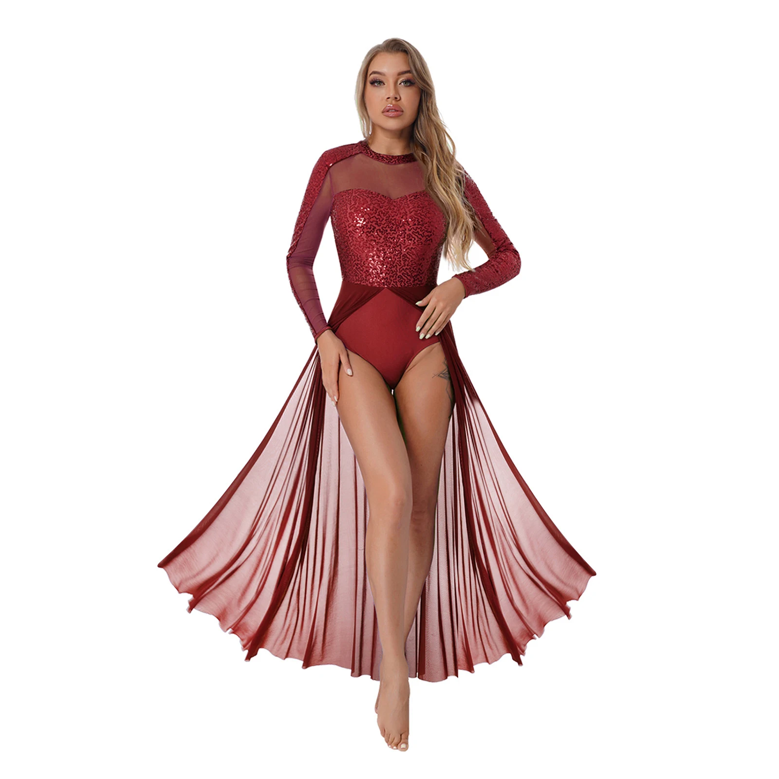 

Womens Ballet Lyrical Dance Competition Dress Modern Dancewear Sparkling Sequins Long Sleeve See-through Mesh Dance Dresses
