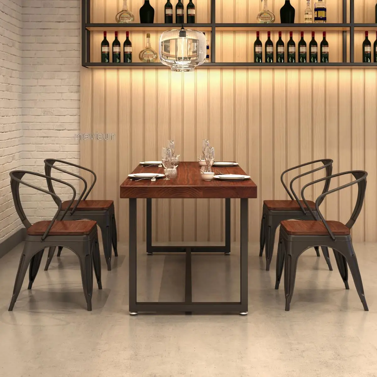 Обеденный прямоугольный стол из массива дерева в скандинавском стиле и железные