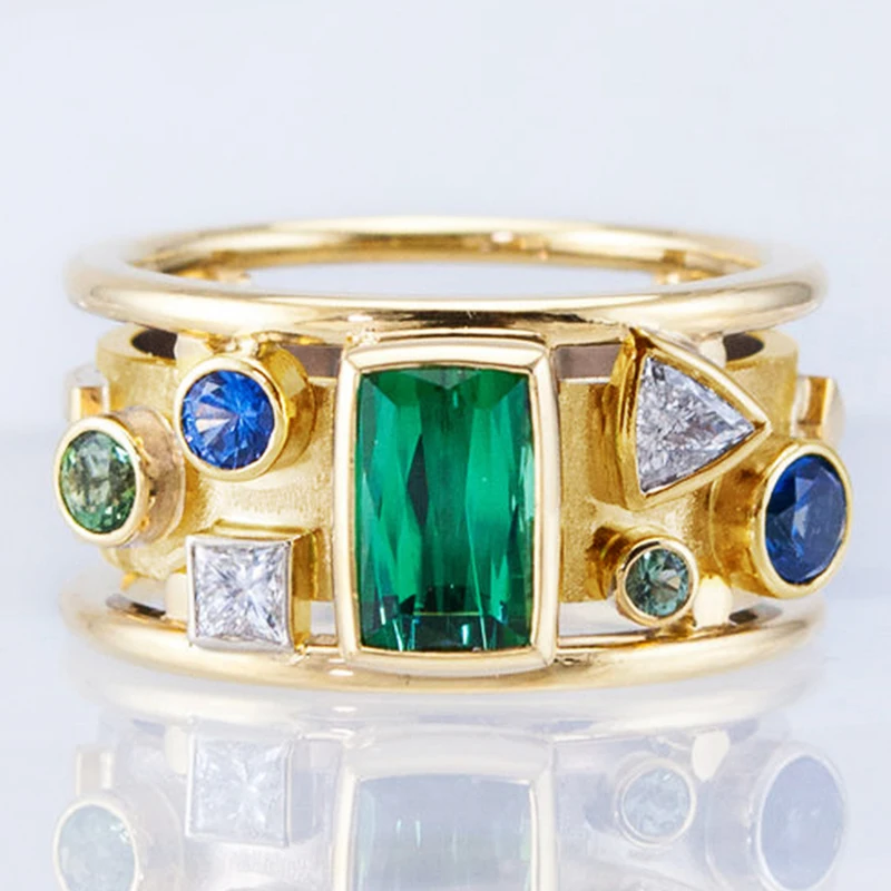 

Fashion Luxury Gold Color with Geometric Colorful CZ Stone Novel Design Women Wedding Band Rings Jewelry New Arrival