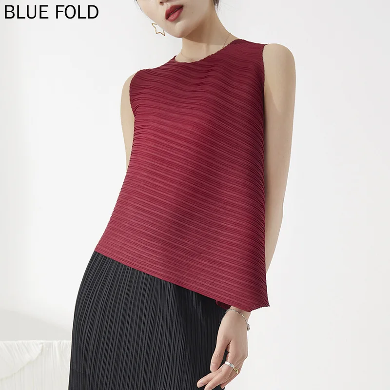 

Miyake Pleated T-shirt Women's Clothing Summer New Round Neck Sleeveless Irregular Design Loose Top PLEATS Crop Top Blusas