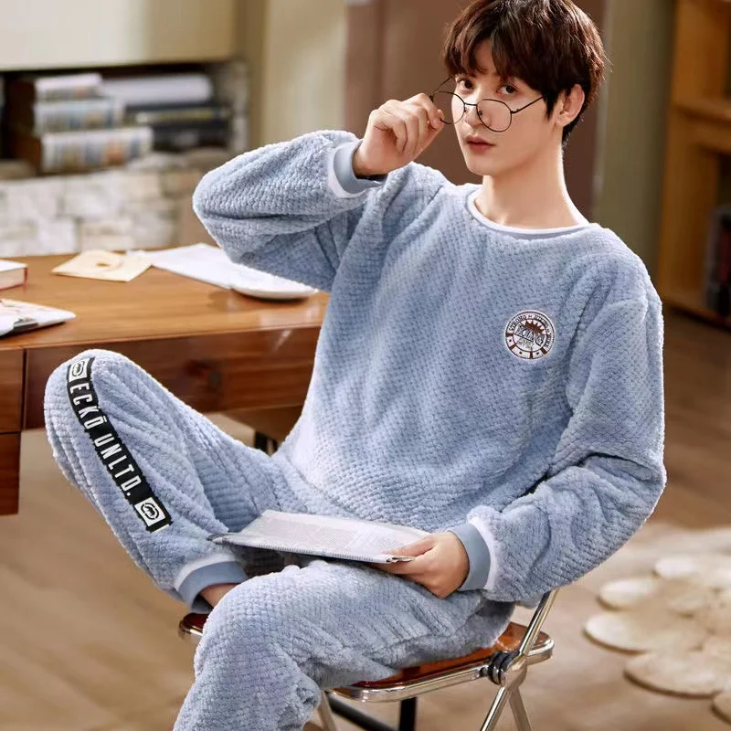 Men's Pajama Sets Winter Thicken Warm Flannel Sleepwear Long Sleeve Trousers 2Pcs/Set Lounge Homewear Pyjamas Suit