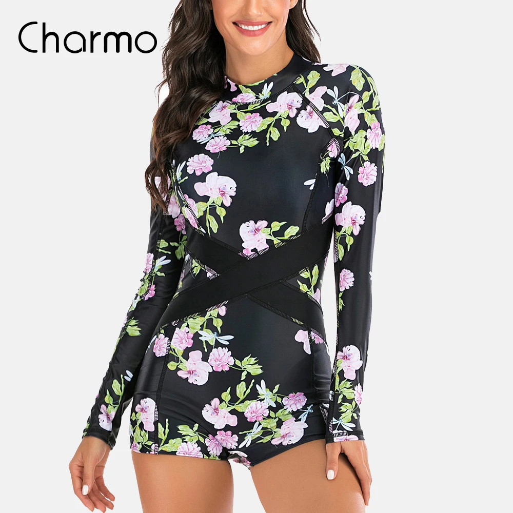 

Charmo Women's One Piece Long Sleeve Swimsuit Leaf Print Quick Dry Swimsuit Conservative Boxer UPF50+ Surfwear