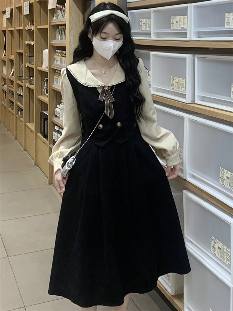 

Женское винтажное платье средней длины, приталенное милое элегантное платье с бантом на пуговицах и длинным рукавом, осень 2023