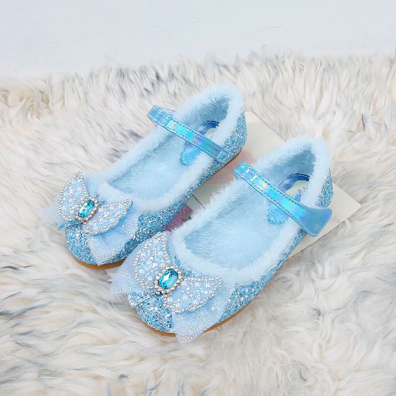 Girls Shoes Autumn and Winter Children's Mao Mao Shoes Baby Princess  Shoes Plus Velvet Warm Children's Shoes Crystal Shoes