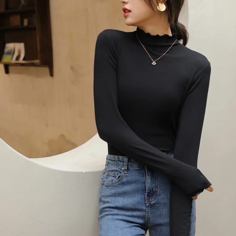 

Wood Ear Side Half High Collar Plus Fleece Bottoming Shirt Women's Winter Inner Wear Thickened All-match Solid Color Camisa