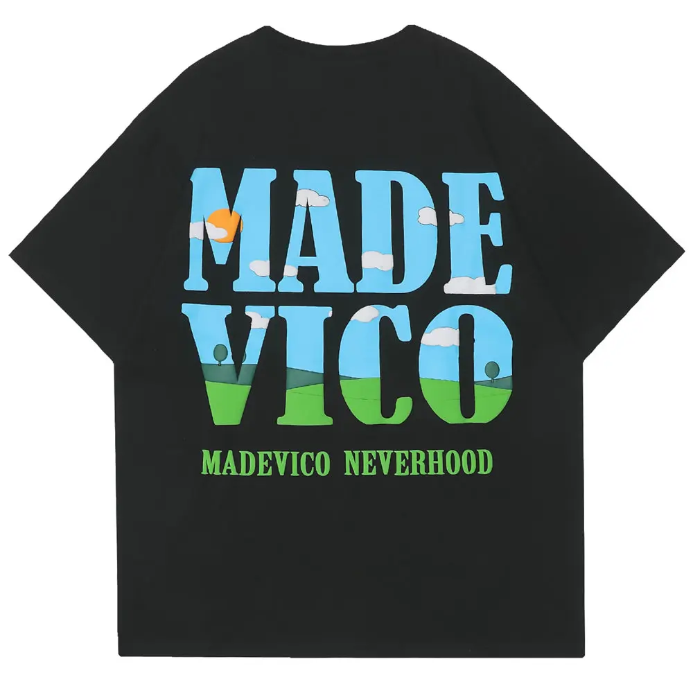 

Oversized T-shirt Foaming Letters Landscape Print Cotton O-neck Men T-shirt Harajuku Streetwear Casual Hip Hop T Shirt for Men