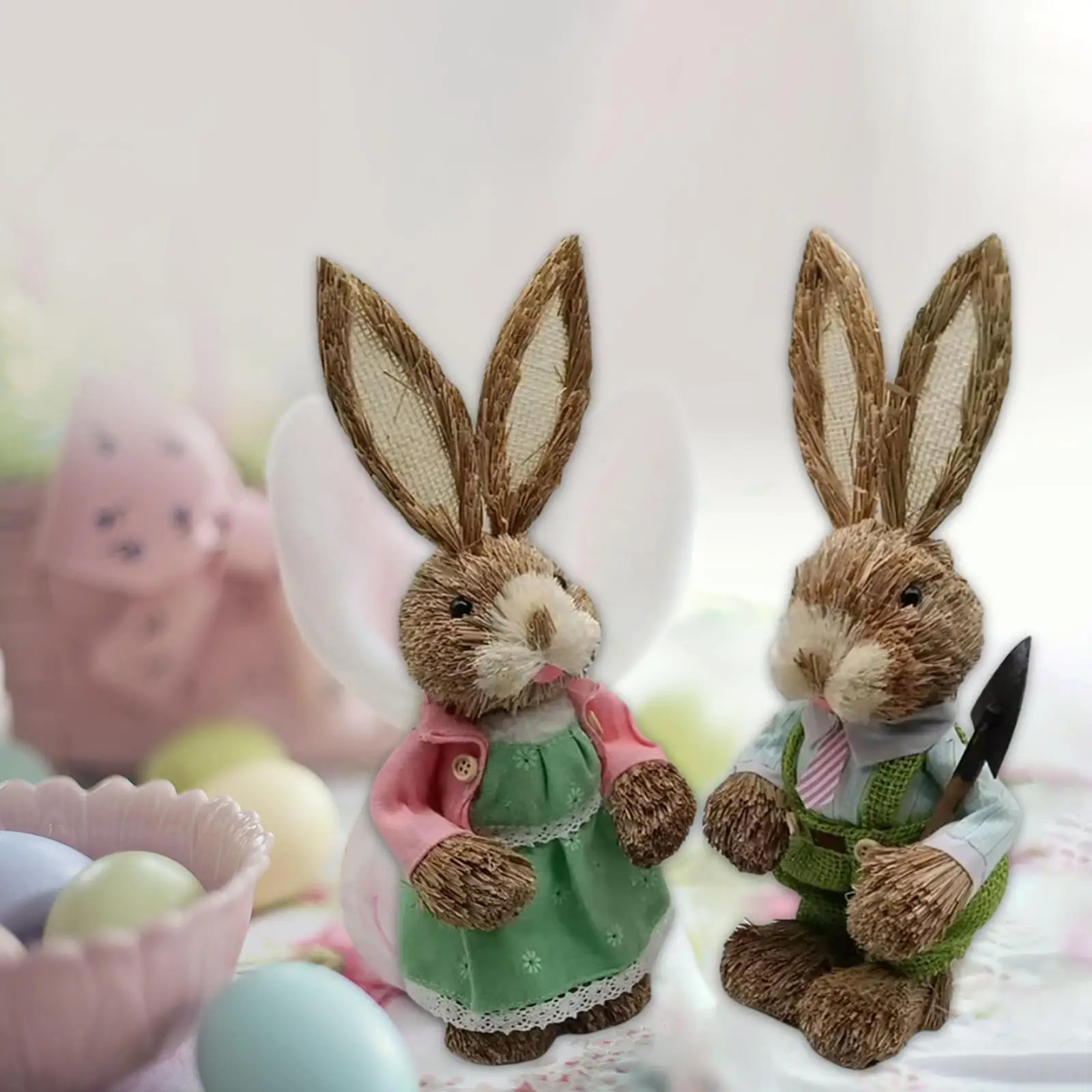 

2x Bunny Sculptures Art Standing Crafts Decor Straw Easter Rabbit Decoration for Indoor Outdoor Desktop Wedding Home Spring