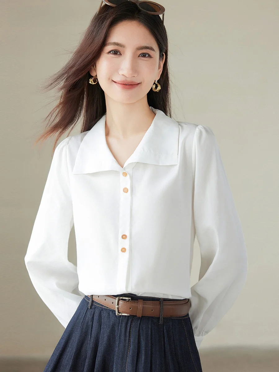 Longvenstein French sle Lapel White Shirt Women 2024 Autumn clothes New Elegant Chic Design Short sleeve Top |