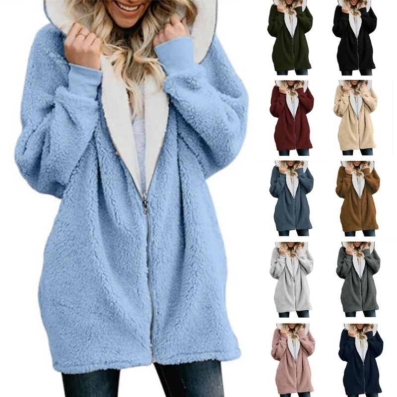 Women Winter Plus Size Long Sleeve Hoodie Jacket Fuzzy Plush Full Zip Outerwear Loose Solid Color Warm Coat with Pockets