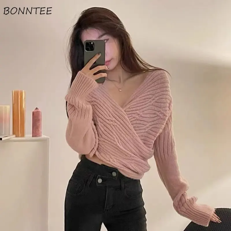 

Tender Soft Lazy Style Pullovers Women Criss-Cross Design Cropped All-match Elegant Popular Korean Young Ulzzang Knitwear Temper