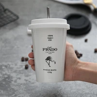 elegant ceramic coffee mug with silicone lid large capacity black print portable mug tea milk school office cup gift