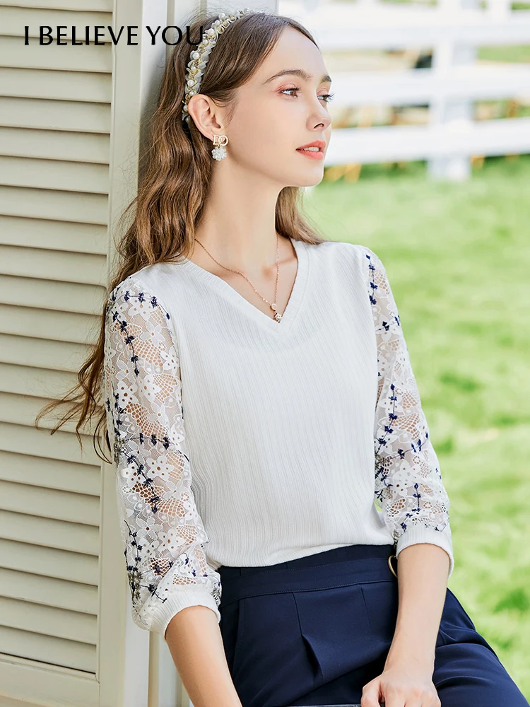 

I BELIEVE YOU Women's T-shirt Office Lady Temperament Gentle Vneck Lace Patchwork Knitted T-shirts Female Clothing 2221014212