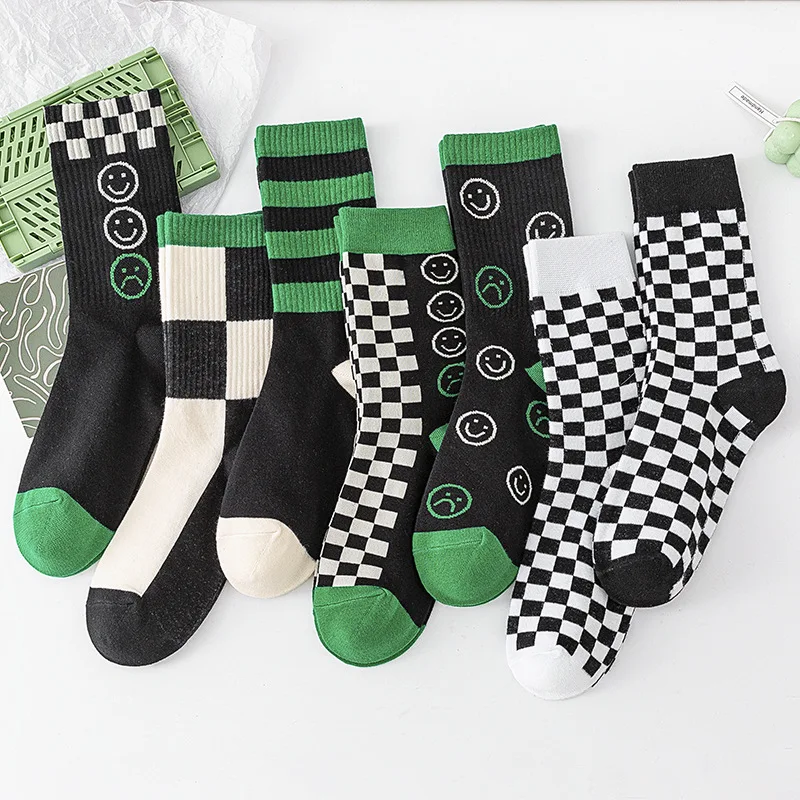 7 Pair/lot Cotton Hip Hop Women SocksGeometric Novelty Smiling Face Stripe Girl Lady Happy Skating Checkerboard Funny Socks