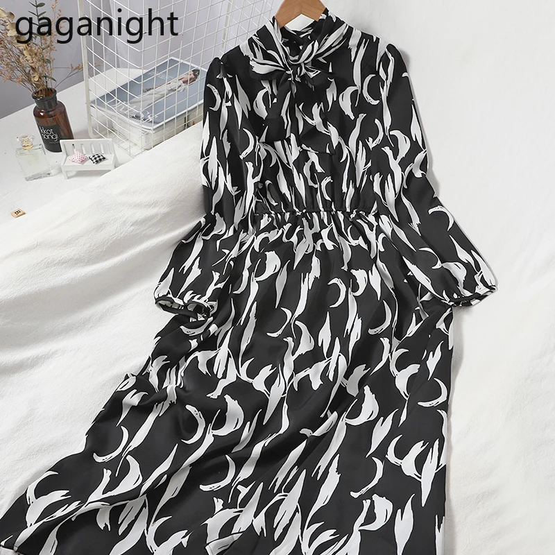 Платье макси Gaganight Fashion для вечеринок с длинными рукавами, стоячим воротником, бантом и элегантным дизайном Chic Korean Bandage Vestidos.