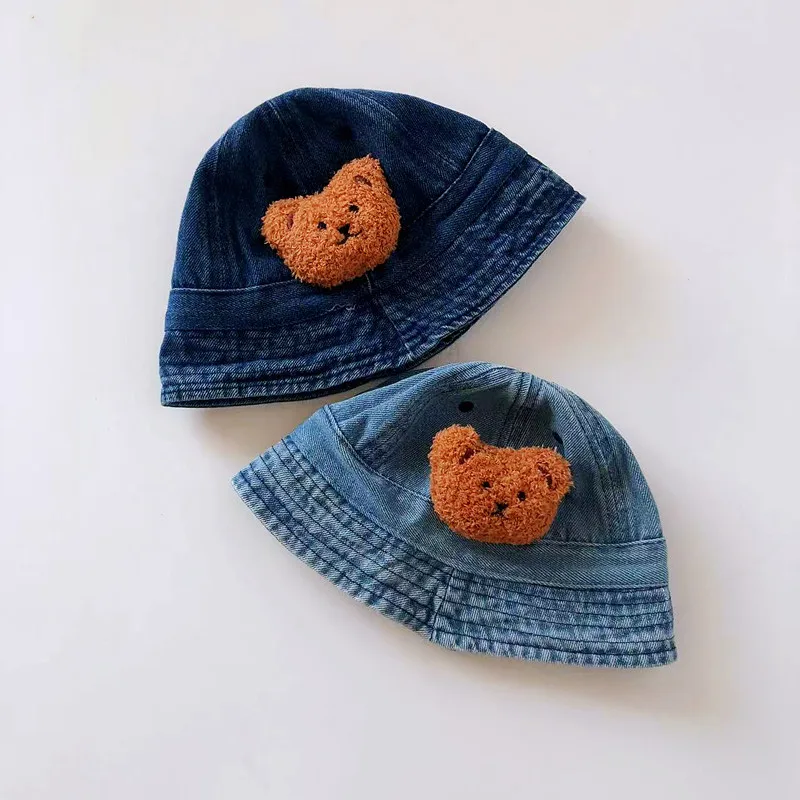 

Newborn Baby Summer Go Out Sun Protection Hat Infant Girl Cute Bear Decoration Fisherman's Hats Boy Fashion Denim Cap