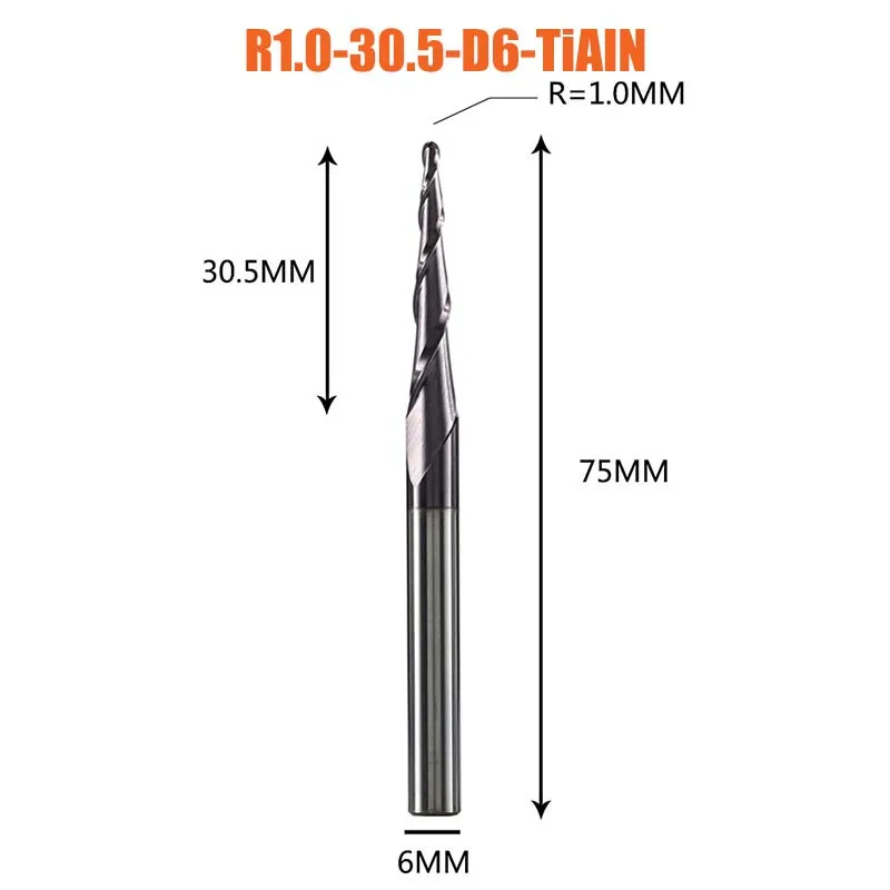 

Dreanique 1 шт. 6 мм хвостовик P2BC твердосплавный твердосплавный наконечник с коническим шариковым наконечником с покрытием R0,25 до R2.0 для 3D гравировки по дереву