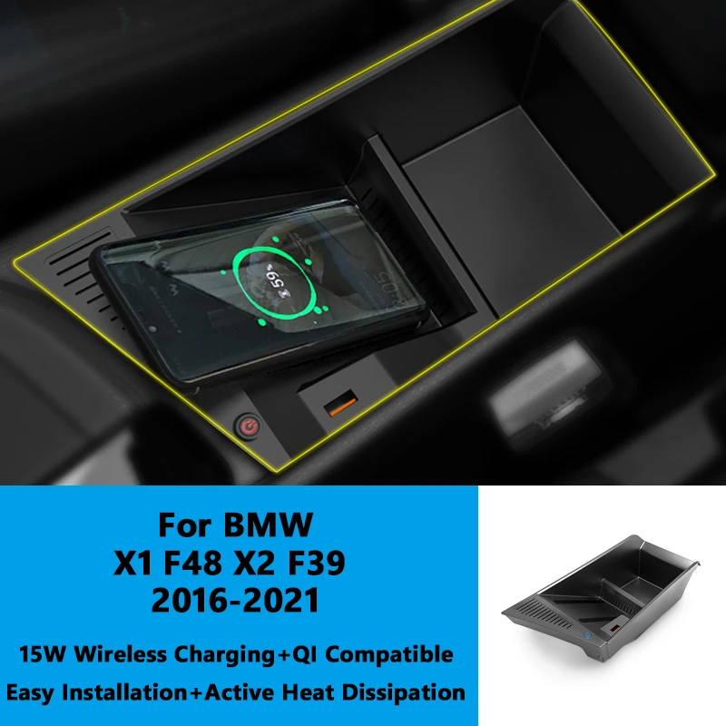 15W Car Mobile Phone QI Wireless Charger Storage Box For BMW X1 F48 X2 F39 2017-2022 Special Modification Accessories