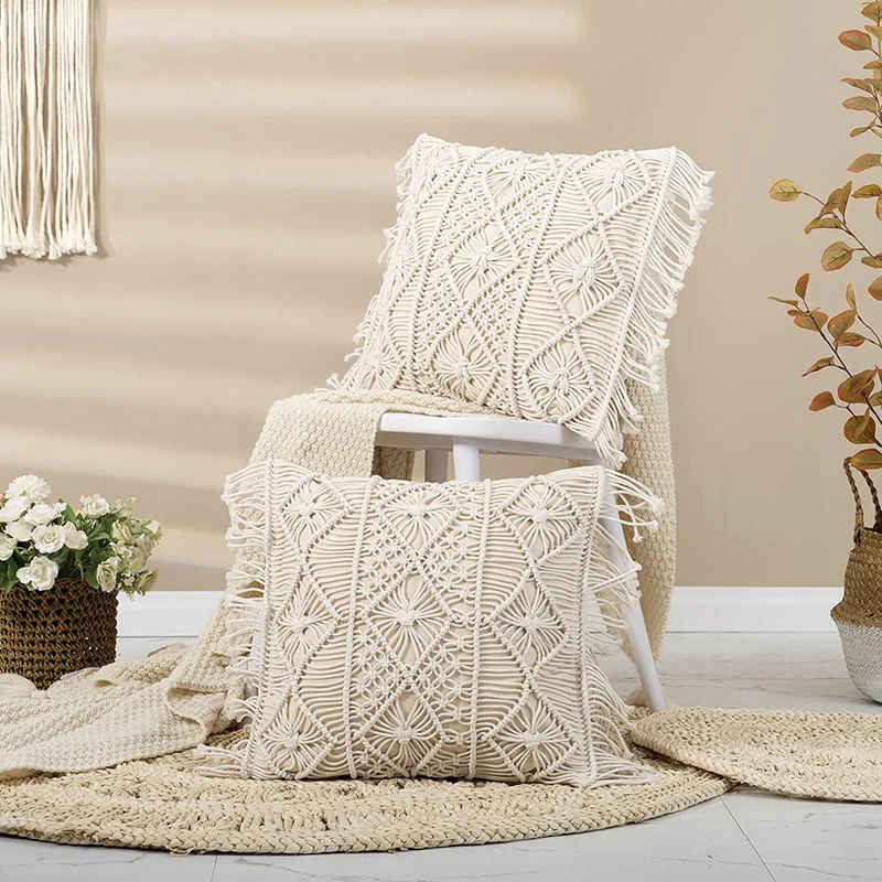 1 Set Of Boho Cushion Cover Pillow Decor Lace Pillowcase Cotton Decorative Fringe