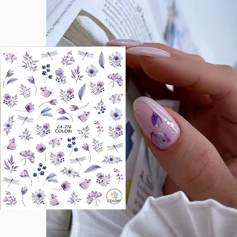 

2pcs Back Glue Nail Stickers Watercolor Florals Purple Buds Flowers Fruits Butterflys Nail Decals Decoration For Nail Tip Beauty