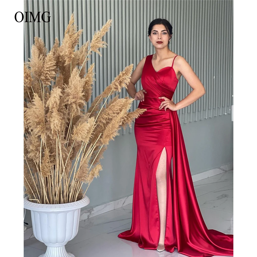 

OIMG Stunning Red Mermaid Evening Dresses Straps Sweetheart Satin Side Slit Party Celebrity Prom Gowns Wedding Guest Dress