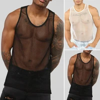 sexy mens mesh sheer fishnet gym muscle tank top fitted clubwear undershirt black white plus size transparent top%c2%a0
