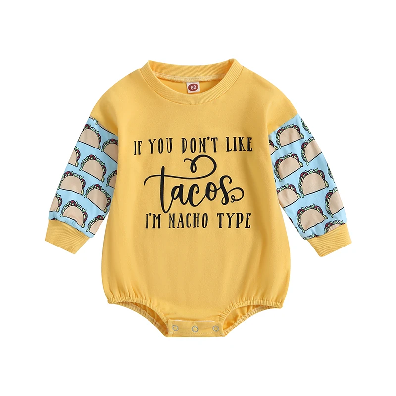 

Baby Girls Autumn Casual Romper Long Sleeve Crewneck Tacos Print Contrast Color Playsuit