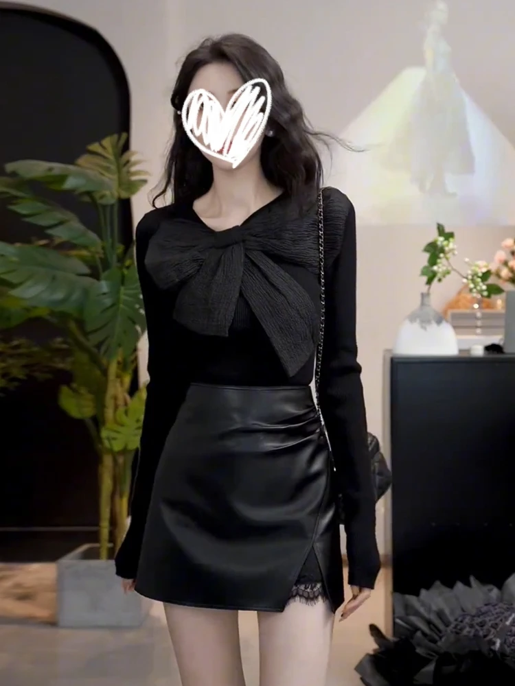 Sexy Pure Desire Bow round Neck Long sleeve Knitted Top Women Autumn New Slim fit Slimming High-Grade Bottoming Shirt