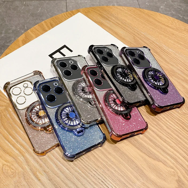 Luxury Plating Shockproof Gyroscope Stand Ring Phone Case For Infinix Hot 40 Pro 30 30i 40i 10S NFC 9 Play Glitte Soft Cover