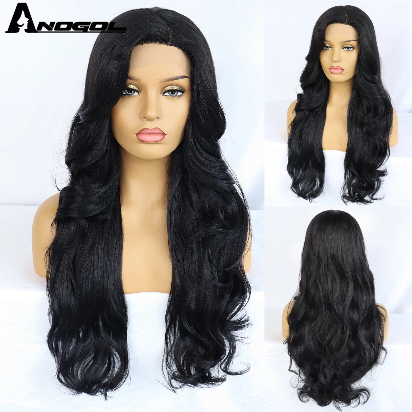 ANOGOL Synthetic Black T Part Lace Wigs 28inch Long Body Wave Wig for Women Brazilian Preplucked Glueless Heat Resistant Fiber