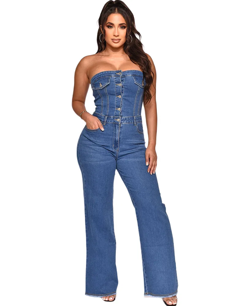 

Женский джинсовый комбинезон без бретелек, с пуговицами и карманами