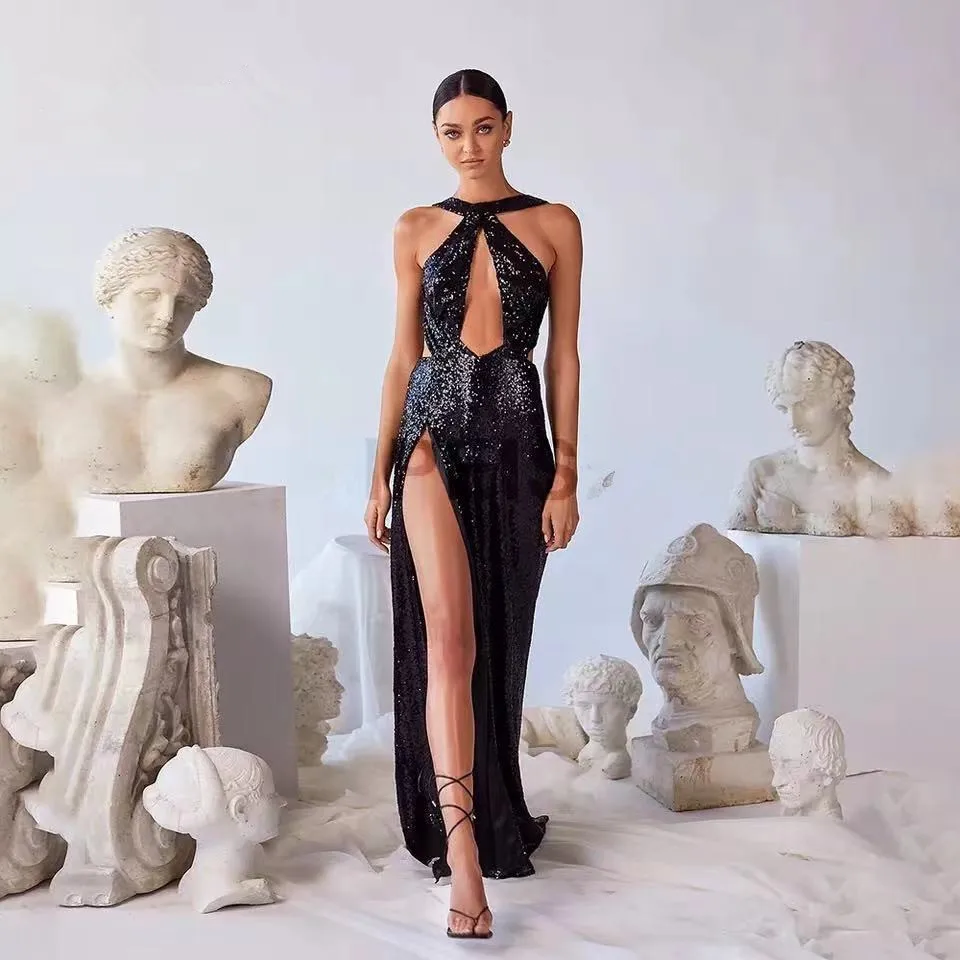 Sexy Halter Sleeveless Backless Black Evening Dress Side High Split Sequined Clubbing Party Dress Long Prom Gown robe de soirée