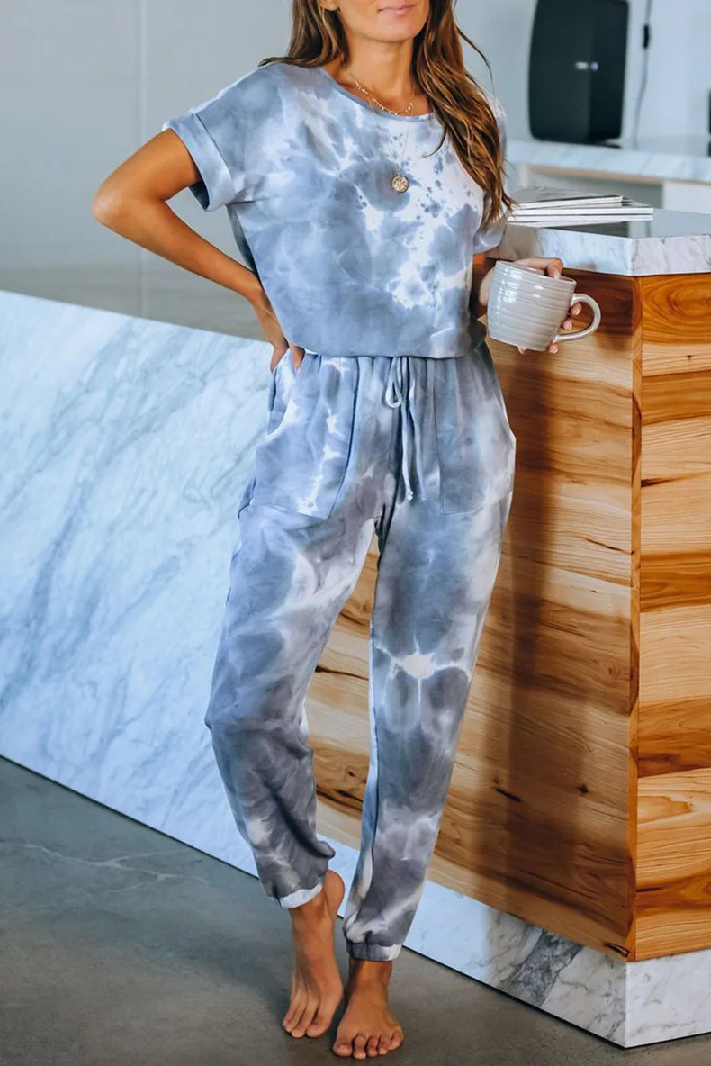 2023 New Ladies Homewear One-piece Set Summer Tie-Dye Printed Pajamas Women Nightwear